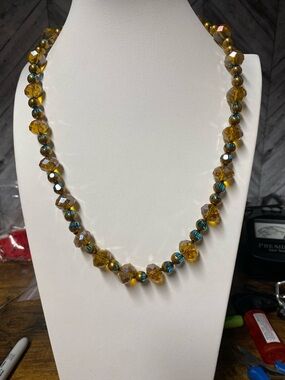 Champane and Blue Cathedral glass hand knotted 22 inch necklace Aprilsplace